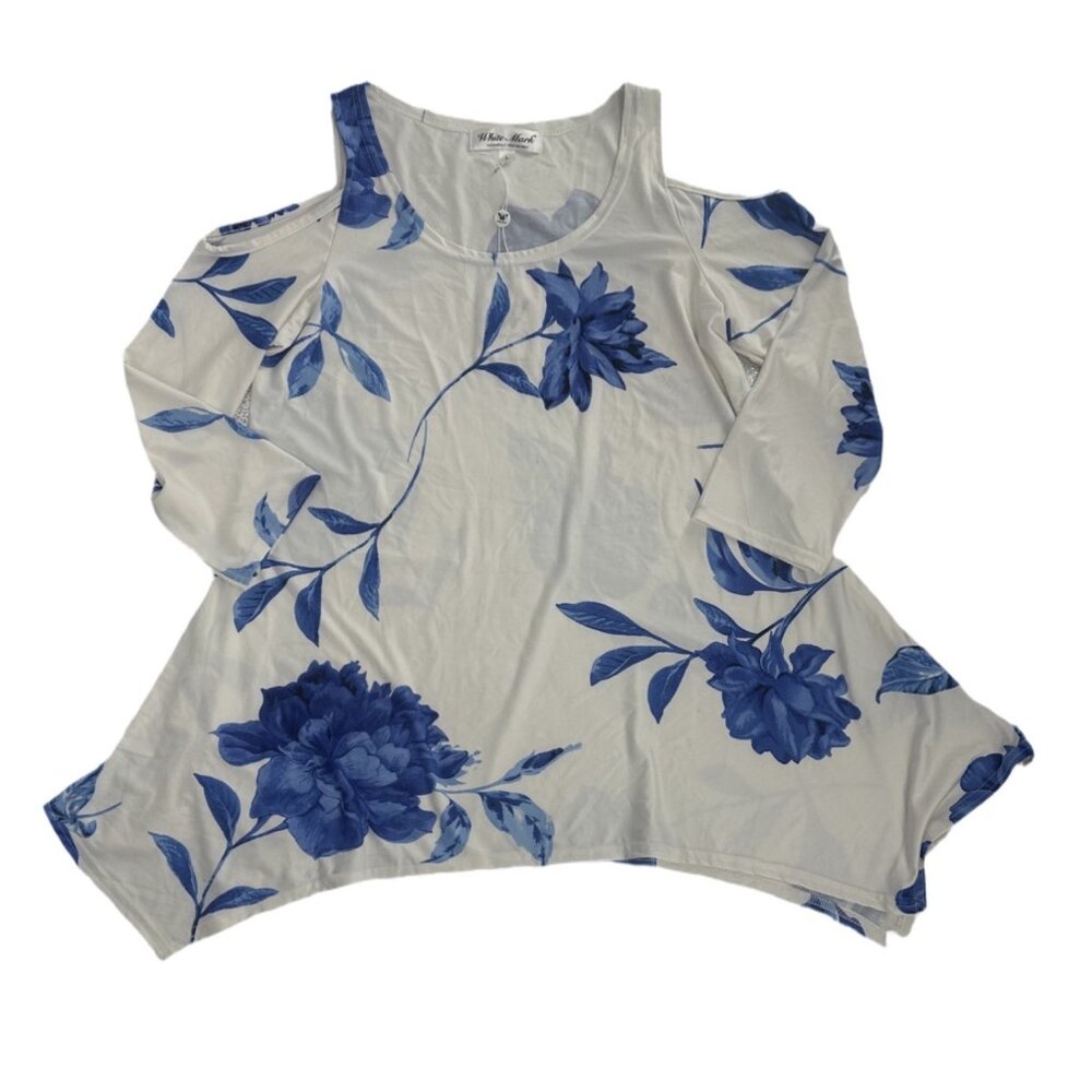 NWT White Mark Blue Floral Cold Shoulder Top Large - Picture 4 of 6